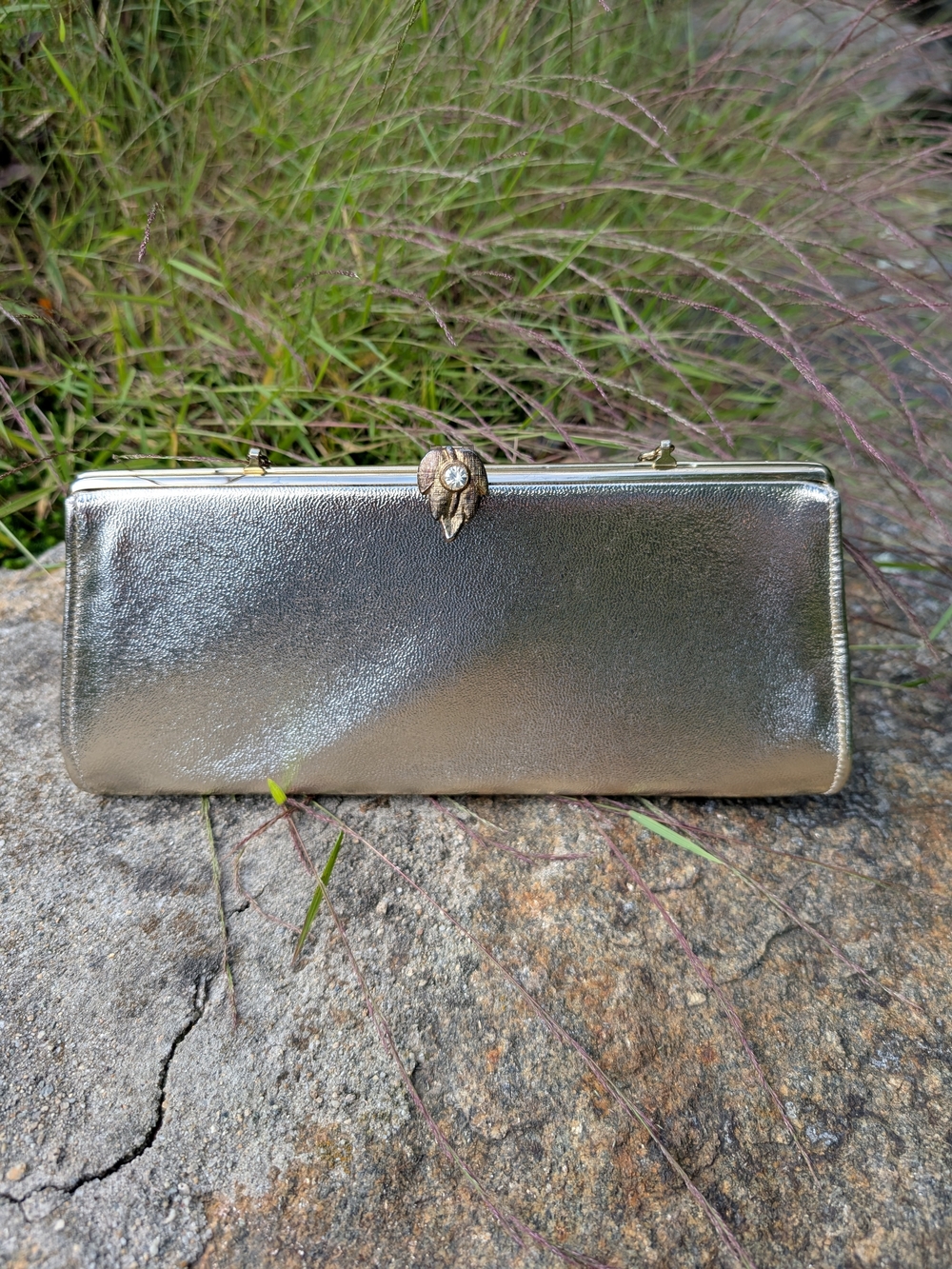 Vintage Metallic Gold Rectangular Clutch with Jeweled Clasp